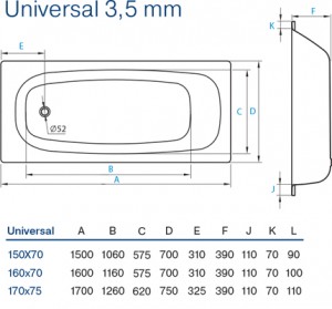 Ванна Koller pool Universal 150x70 стальная 3,5 мм схема