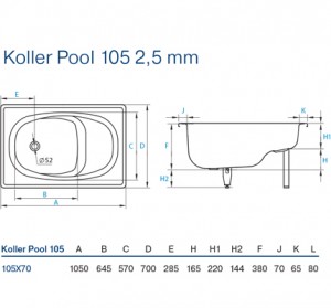 Ванна Koller Pool 105х70 стальная 2,5 мм БЕЗ сидения схема