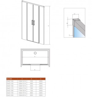 Душевые двери раздвижные двустворчатые Radaway Idea DWD 200 схема