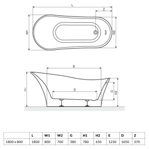 Ванна CRETA 180x080U WA1-43-180x080U