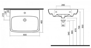 Умывальник Kolo NOVA PRO 60 cм, прямоугольный, с отверстием M31161000 
схема
