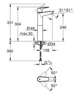 Смеситель для раковины Grohe Bauedge XL 23761001 схема