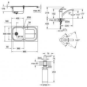 Набор Grohe EX Sink 31565SD0 кухонная мойка K300 + смеситель Eurosmart 33281002 + дозатор Grohe