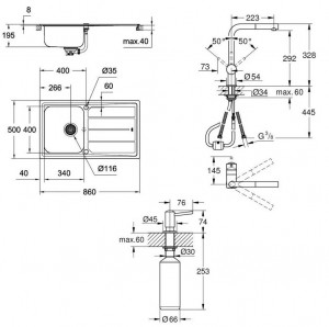 Набор Grohe EX Sink 31573SD0 кухонная мойка K500 + смеситель Minta 32168000 + дозатор Grohe