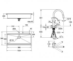 Набор Grohe EX Sink 31586SD0 кухонная мойка K800 120 см + смеситель Grohe 
Eurosmart Cosmopolitan 31481001