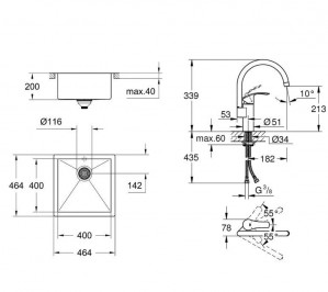 Набор Grohe EX Sink 31578SD0 кухонная мойка K700 (45 cm) + смеситель Grohe 
Eurosmart 33202002