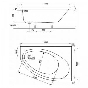 Ванна акриловая Kolo Elipso 150x100 правая с ножками схема