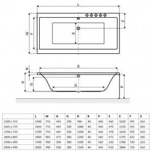 Ванна Radaway Aridea 200x90 с ножками WA1-24-200x090U + сифон R135L схема