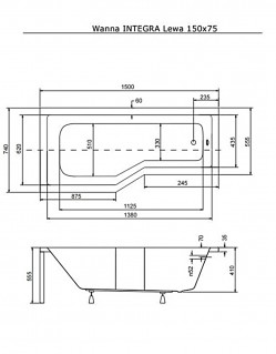 Ванна акриловая BESCO INTEGRA 150х75 левая без ног схема