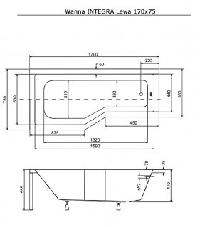 Ванна акриловая BESCO INTEGRA 170х75 левая без ног схема