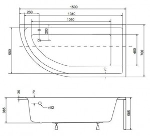Ванна акриловая BESCO PRAKTIKA 150х70 правая без ног схема