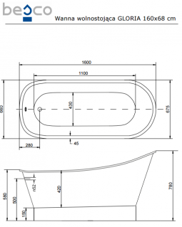 Ванна акриловая отдельно стоящая BESCO GLORIA NOVA RETRO 160x68 с сифоном click-clack схема