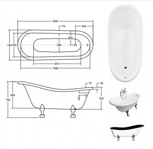 Ванна акриловая отдельно стоящая BESCO OTYLIA RETRO 160x77 с белыми ногами схема