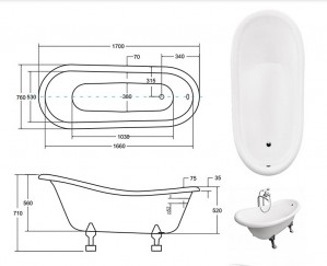 Ванна акриловая отдельно стоящая BESCO OTYLIA RETRO 170x77 с белыми ногами схема