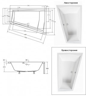 Ванна акриловая BESCO INTIMA DUO 170x125 левая без ног схема