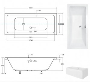 Ванна акриловая угловая BESCO QUADRO 190x90 без ног схема