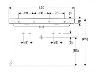 Умывальник Geberit SMYLE SQUARE 120 см 2 отверстия 500.253.01.1 схема