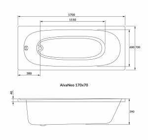 Ванна Volle AIVA NEO 170*70*39 см без ножек акрил 5мм 1229.001770