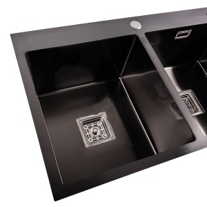 Кухонная мойка Platinum Handmade PVD HDB черная 780х480х230 две чаши (квадратный сифон 3.0/1.0) 36123 фото