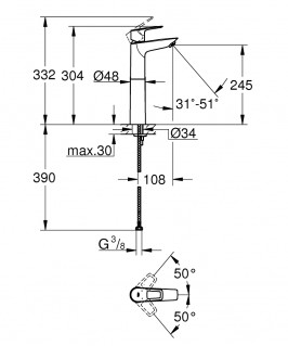 Смеситель для умывальника высокий Grohe BauLoop New XL-Size без донного клапана 23764001 схема