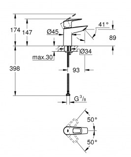 Grohe BauLoop New Смеситель однорычажный для раковины S-Size без донного клапана 23337001 схема