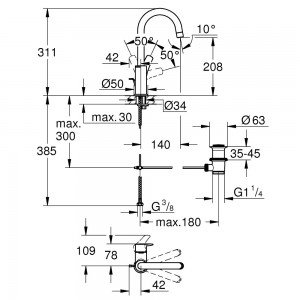 Смеситель для умывальника Grohe Eurosmart New L-Size с донным клапаном 23537003 схема