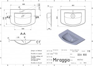 Умывальник Miraggio DEA 800X543мм, схема