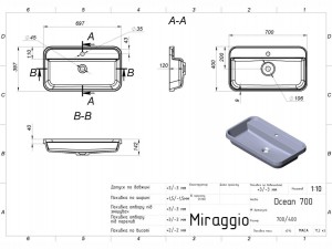 Умывальник Miraggio Ocean 700 700х400х142 мм схема