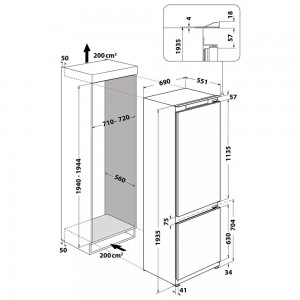 Встраиваемый холодильник Whirlpool WHSP70T121 193,5 x 69 x 55,1 см схема