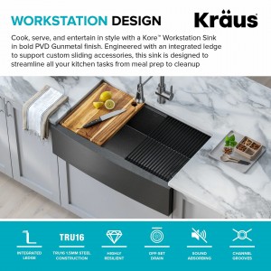 Кухонная мойка Kraus KWF210-33/PGM с фартуком монтаж под столешницу фото