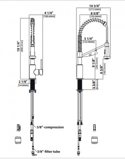 Смеситель кухонный 2 в 1 Kraus KFF-1610SFSMB сталь + черный мат схема