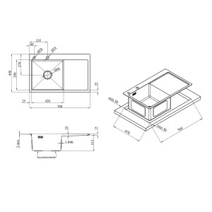 Кухонная мойка Kroner KRP Schwarze 7849LHM PVD 3.0/1.0 мм CV025278 схема