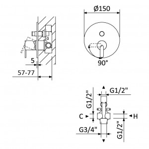 Встроенный однорычажный смеситель Bruma Leaf 167 130 1CR Cromado на 2 потребителя схема
