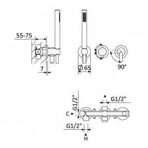 Смеситель скрытого монтажа на 3 отверстия с 2 выходами и ручным душем Bruma Leaf 167 311 6CR Cromado схема