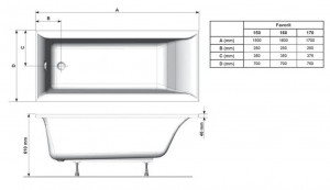 Ванна акриловая Ravak FAVORIT 150x70 см XC00100121 схема