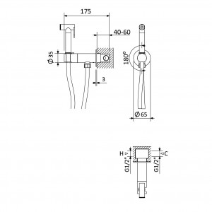 Гигиенический душ с прогрессивным смесителем  Bruma Elo 145 110 3CR лейка из латуни Cromado схема