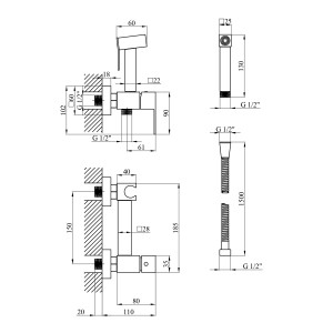 Набір для гігієнічного душу зі змішувачем Kroner KRP Edelstahl Kubus - SCH052 CV027931 схема