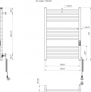 Електрична рушникосушарка Mario HF London 770х530 білий мат схема