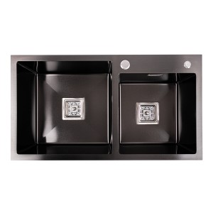 Кухонная мойка Platinum Handmade PVD HDB черная 780х430х230 две чаши (квадратний сифон 3.0/1.0) 36121