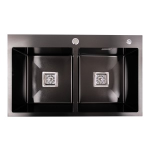 Кухонная мойка Platinum Handmade PVD HDB черная 780х480х230 две чаши (квадратный сифон 3.0/1.0) 36123
